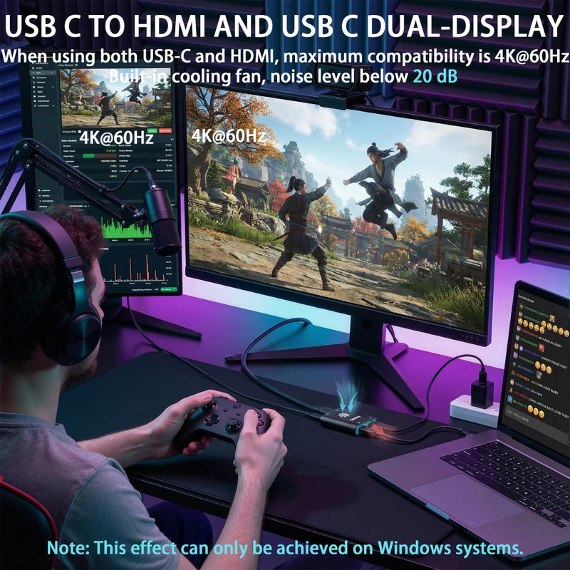 KIHENG USB C to HDMI and USB C Dual-Display Adapter Power to Xreal/Viture/RayNeo AR Glasses or HDMI/Type C Monitors While Charging for Steam Deck, ROG Ally, Switch, Compatible 4K 144Hz|Built-in Cooling Fan - Image 1
