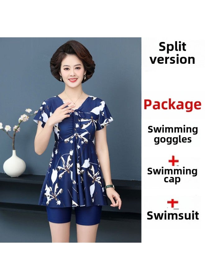Send Swimming Cap Hot Spring Plus Size Swimming Suit Women's Split Boxer Shorts Skirt Conservative Middle-aged Mother Swimwear Fat Factory-Color:Dragonfly [swimsuit + Swimming Cap + Swimming Goggles]-Size:Xl Size Recommended 52.5-60kg  - Image 1