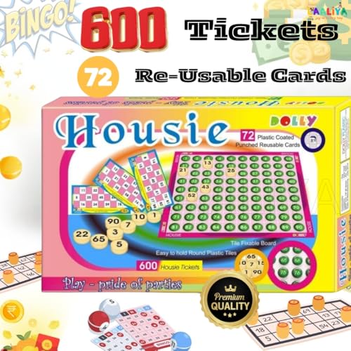 LAALIYA Tambola Housie Game Set – 600 Tickets, 72 Reusable Plastic-Coated Cards, Number Tiles & Fixable Board – Fun Party & Family Game for Kids & Adults - Image 4