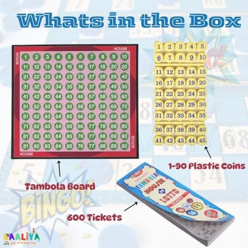 LAALIYA Tambola Housie Game Set – 600 Tickets, 72 Reusable Plastic-Coated Cards, Number Tiles & Fixable Board – Fun Party & Family Game for Kids & Adults - Image 3