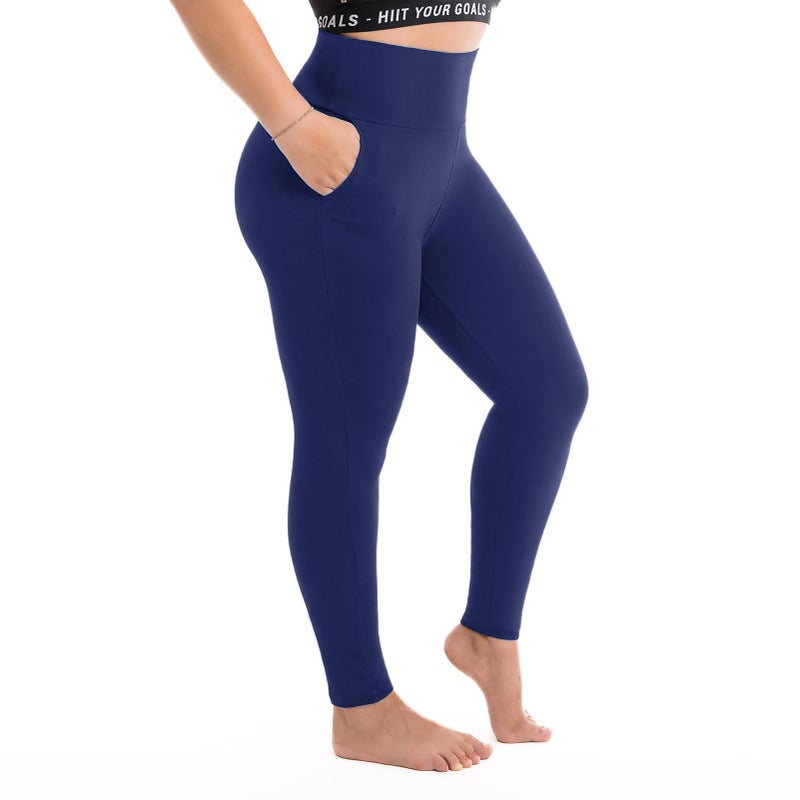 Walifrey Plus Size Leggings with Pockets for Women, High Waist Opaque Tummy Control Leggings Navy Blue XXL - Image 1