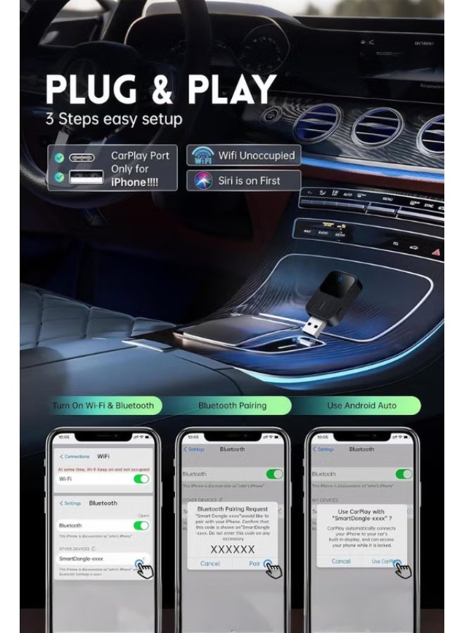 2025 New Wireless CarPlay Adapter- Mini Edition, Wired to Wireless for OEM Cars Wired Carplay / Android auto Dual mode Plug&Play FOTA Wireless Adapter for Apple iPhone iOS 12 and Android 11 or above - Image 4