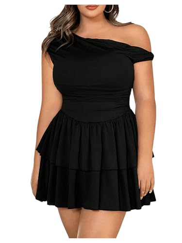 MakeMeChic Women's Plus Size Cocktail Dress Summer Asymmetrical Mini Dress Ruffle Party Dresses Black 3X-Large Plus - Image 1