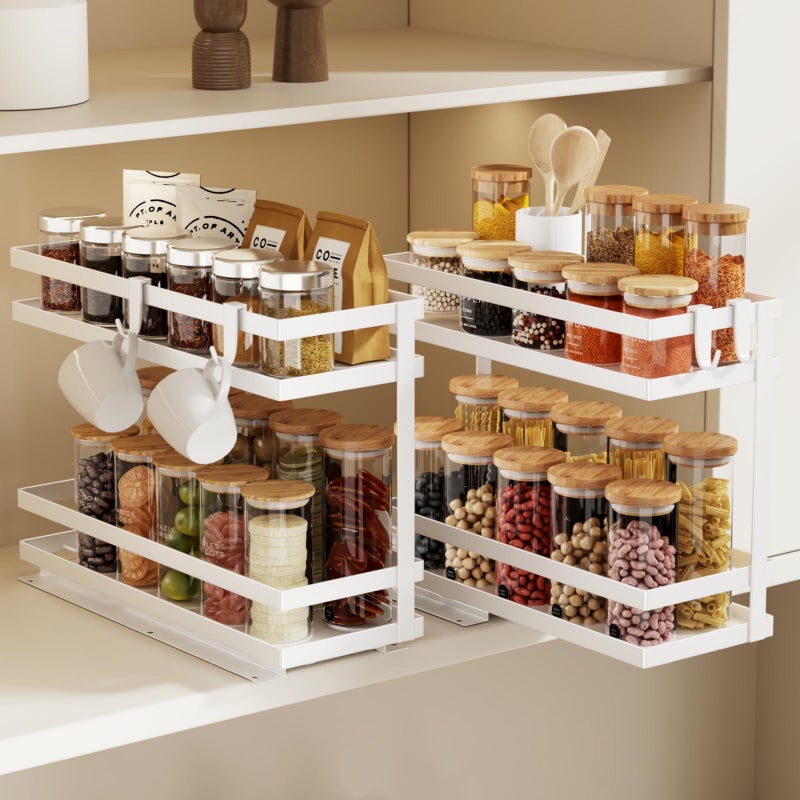 Magheo Pull Out Spice Rack Organizer for Cabinet, 2 Pack Metal Seasoning Organizer Slide Out Spice Storage Shelf No Assembly Vertical Spice Rack Pullout for Kitchen & Bahthroom No Drill(2 Tier,White) - Image 1
