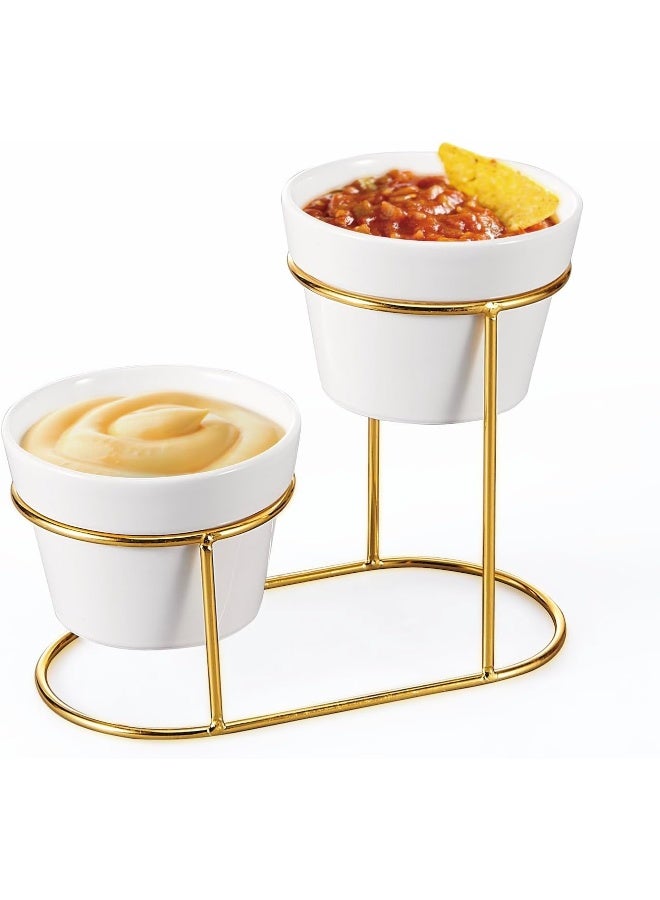Orchid 2 Pieces Bowl Set With Golden Stand Ceramic Chip And Dip Bowls With Collapsible Food Display Stand  - Image 1