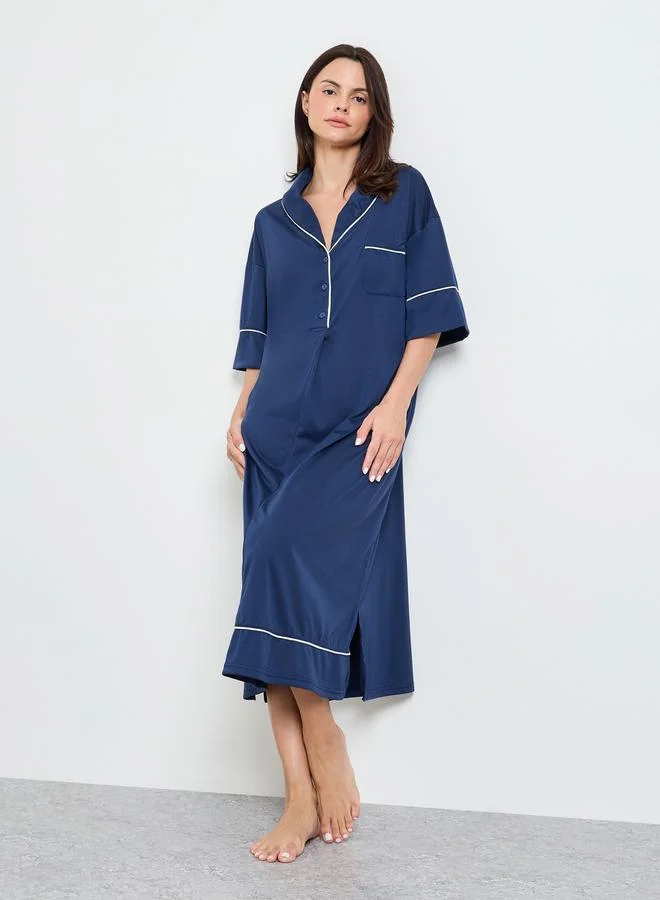 Styli Contrast Piped Half Placket Nightshirt Dress