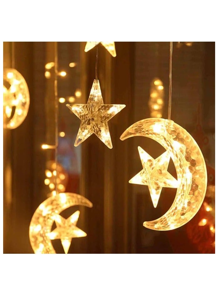 Boxwoods LED Star and Moon Motifs Decorative Lights Fairy String   Window Curtain Warm White With 8 Lighting Modes for Home decor Ramadan Eid And Umrah Mubarak Party - Image 1