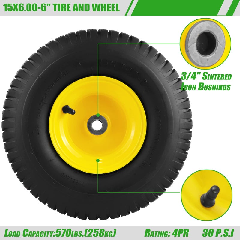 Aremae 2PCS 15x6.00-6 Lawn Mower Tires, 4 Ply Tubeless 15x6-6 Front Tire Assembly Replacement for Craftsman/John Deere/Cub Cadet Riding Mowers,570lbs Capacity,3" Offset Hub,3/4" Bushing - Image 5