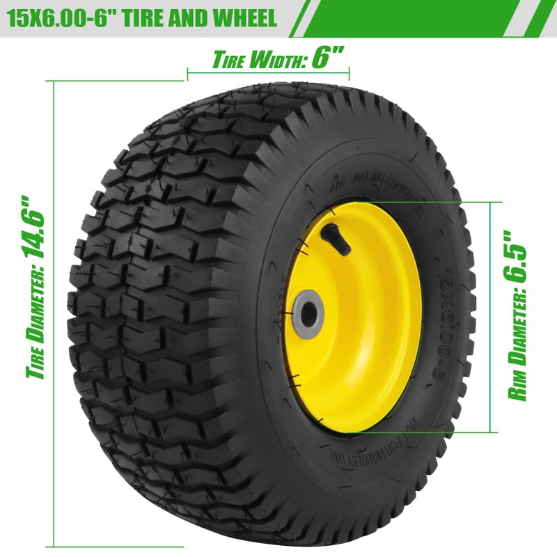 Aremae 2PCS 15x6.00-6 Lawn Mower Tires, 4 Ply Tubeless 15x6-6 Front Tire Assembly Replacement for Craftsman/John Deere/Cub Cadet Riding Mowers,570lbs Capacity,3" Offset Hub,3/4" Bushing - Image 2