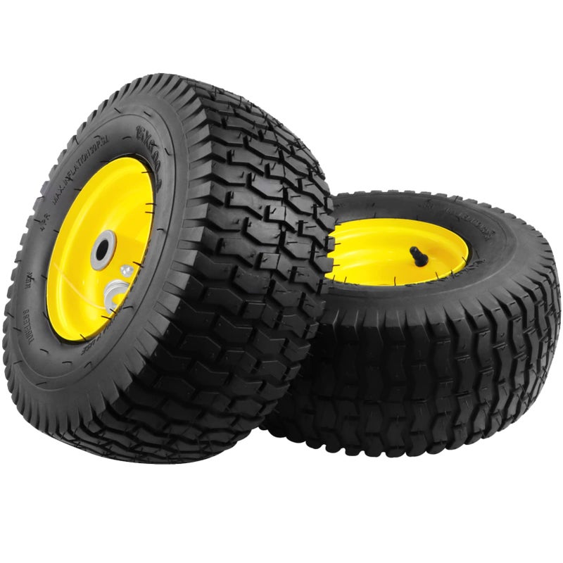 Aremae 2PCS 15x6.00-6 Lawn Mower Tires, 4 Ply Tubeless 15x6-6 Front Tire Assembly Replacement for Craftsman/John Deere/Cub Cadet Riding Mowers,570lbs Capacity,3" Offset Hub,3/4" Bushing - Image 1