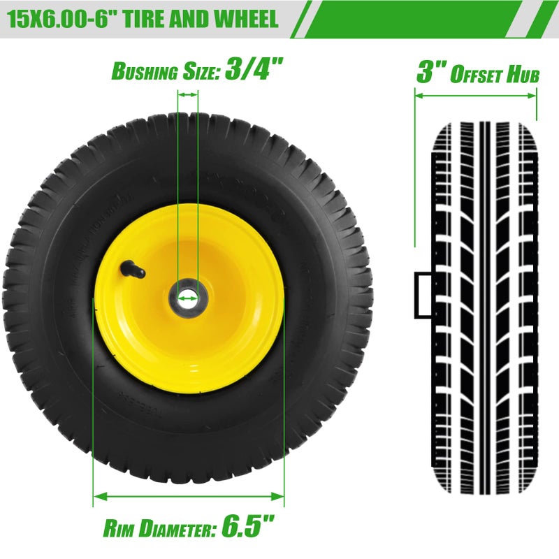 Aremae 2PCS 15x6.00-6 Lawn Mower Tires, 4 Ply Tubeless 15x6-6 Front Tire Assembly Replacement for Craftsman/John Deere/Cub Cadet Riding Mowers,570lbs Capacity,3" Offset Hub,3/4" Bushing - Image 3