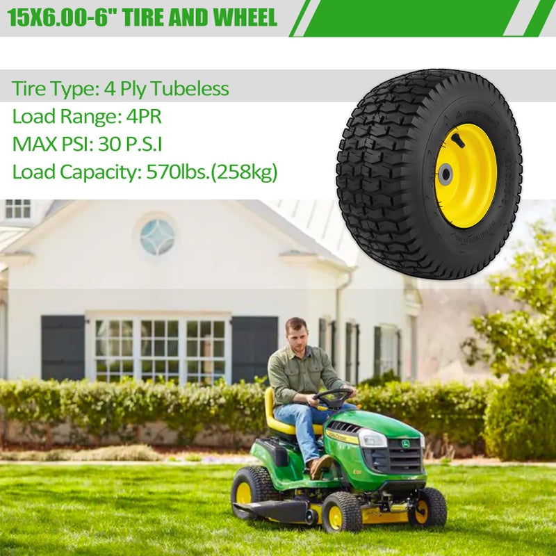 Aremae 2PCS 15x6.00-6 Lawn Mower Tires, 4 Ply Tubeless 15x6-6 Front Tire Assembly Replacement for Craftsman/John Deere/Cub Cadet Riding Mowers,570lbs Capacity,3" Offset Hub,3/4" Bushing - Image 4