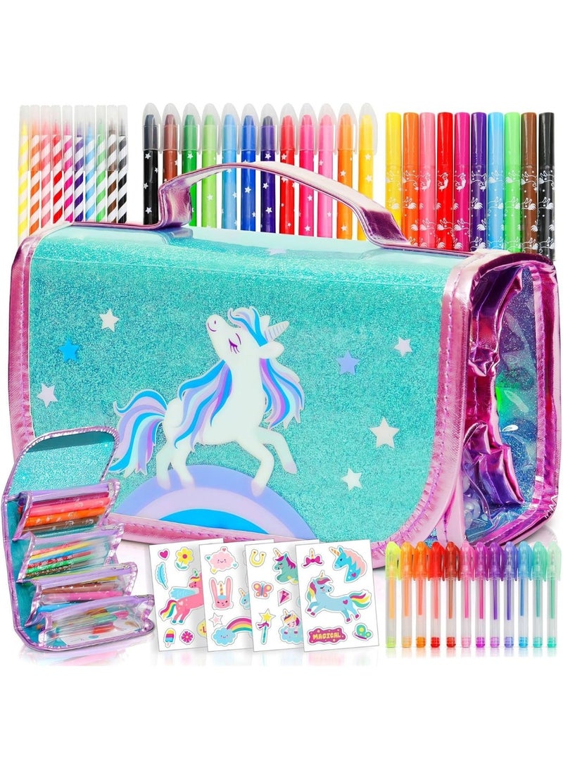 Unicorn Washable Markers for Kids With Glittery Pencil Case, Arts And Crafts for Kids Age 4-6-8, Art Supplies Coloring Set with Diy Unicorn Stickers, Birthday  Gifts for Girls - Image 1