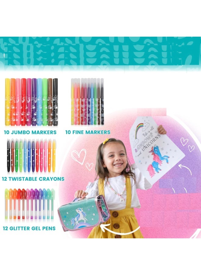 Unicorn Washable Markers for Kids With Glittery Pencil Case, Arts And Crafts for Kids Age 4-6-8, Art Supplies Coloring Set with Diy Unicorn Stickers, Birthday  Gifts for Girls - Image 2