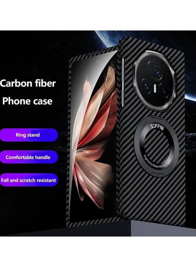 general Compatible with Honor Magic V5 Magnetic Rotating Ring Holder Shell Carbon Fiber Pattern Folding Phone Case For Honor Magic V5 - Image 3