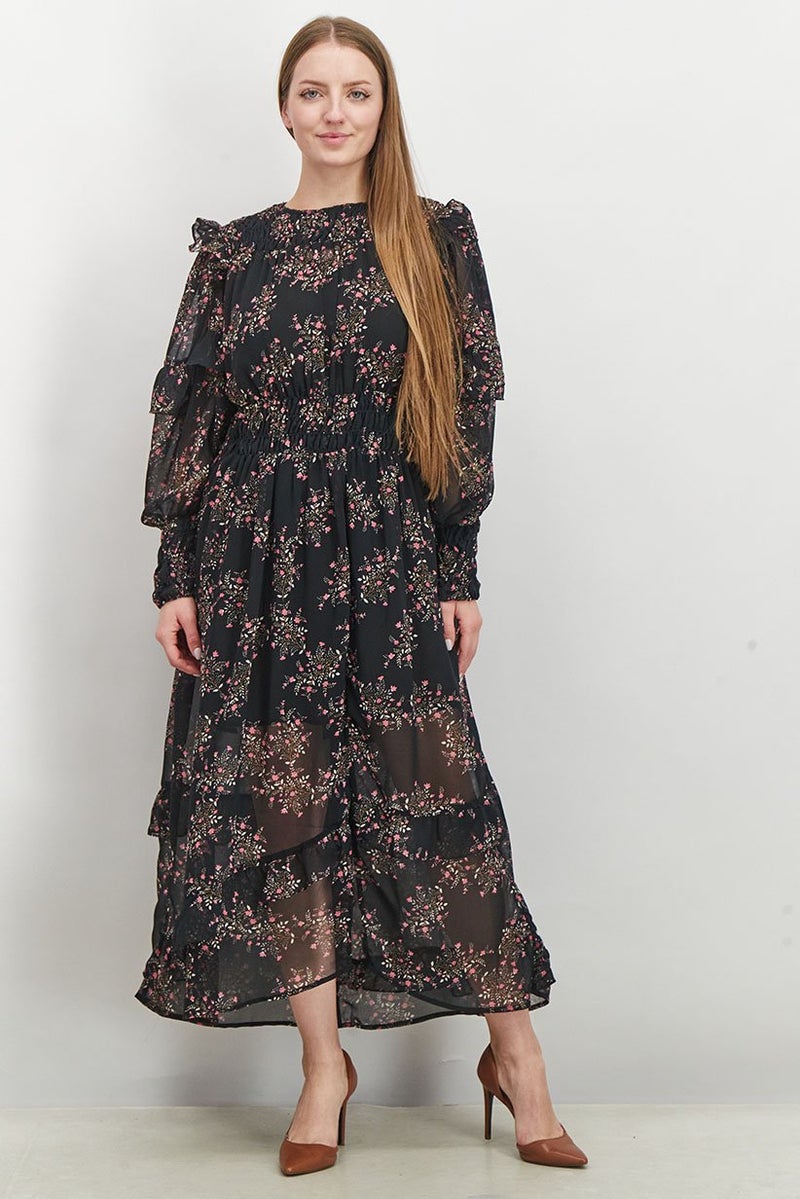 TOPSHOP Women Floral Maxi Casual Dress, Black and Pink Combo - Image 1