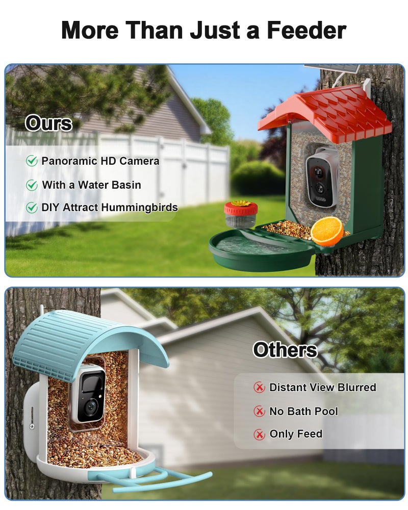 VISIOGEAR 2-in-1 Smart Wild Bird Feeder & Bath with 4K HD Camera, AI Identification Solar Bird Feeder Watching Camera Night Vision for Outdoor Birds Watching Gifts for Birdlover, Red & Green - Image 5