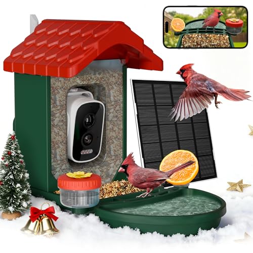 VISIOGEAR 2-in-1 Smart Wild Bird Feeder & Bath with 4K HD Camera, AI Identification Solar Bird Feeder Watching Camera Night Vision for Outdoor Birds Watching Gifts for Birdlover, Red & Green - Image 1