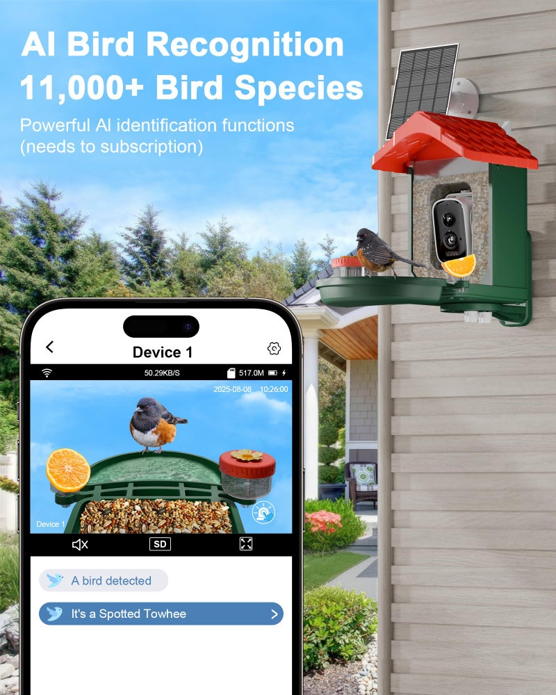 VISIOGEAR 2-in-1 Smart Wild Bird Feeder & Bath with 4K HD Camera, AI Identification Solar Bird Feeder Watching Camera Night Vision for Outdoor Birds Watching Gifts for Birdlover, Red & Green - Image 2