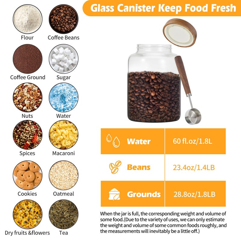 Patoper Large Glass Coffee Jars with Spoons 60 oz /1800ml, Round Storage Canister with Wooden Lid Clear Glass Food Jar for Pantry Sugar Tea Coffee Bean Spice Nuts Cookies Bath Salts (1800ml/60oz) - Image 3