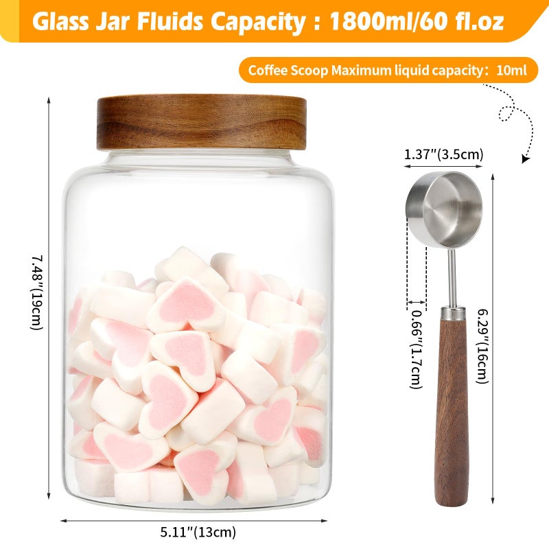 Patoper Large Glass Coffee Jars with Spoons 60 oz /1800ml, Round Storage Canister with Wooden Lid Clear Glass Food Jar for Pantry Sugar Tea Coffee Bean Spice Nuts Cookies Bath Salts (1800ml/60oz) - Image 2