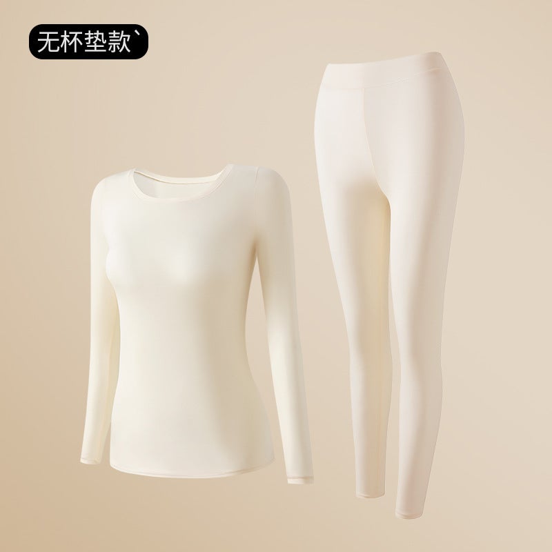 Autumn and winter plus size hyaluronic acid skin-beautifying clothing suit womens autumn clothing autumn pants low collar thin inner base thermal underwear Milk white suit 