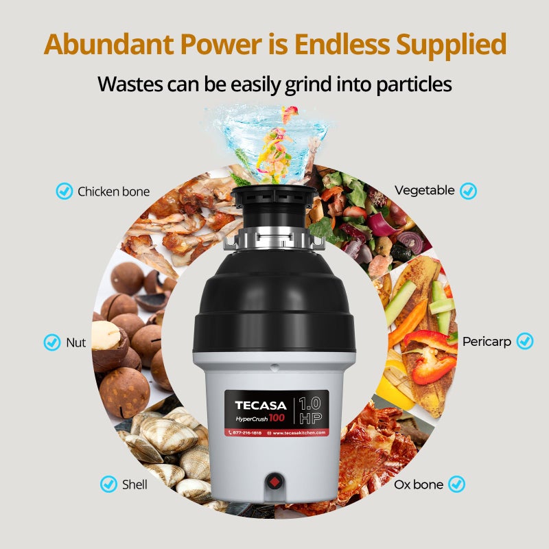 1 HP Garbage Disposal with Sound Reduction, TECASA Food Waste Disposer for Kitchen Sink, Septic Safe Garbage Disposal, Power Cord Included, Grey and Black - HyperCrush 100 - Image 4