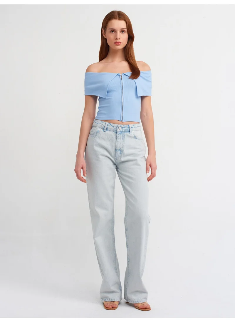 Dilvin 30748 Open Shoulders Zipper Detailed Top-Blue