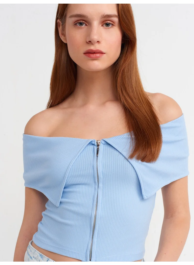 Dilvin 30748 Open Shoulders Zipper Detailed Top-Blue