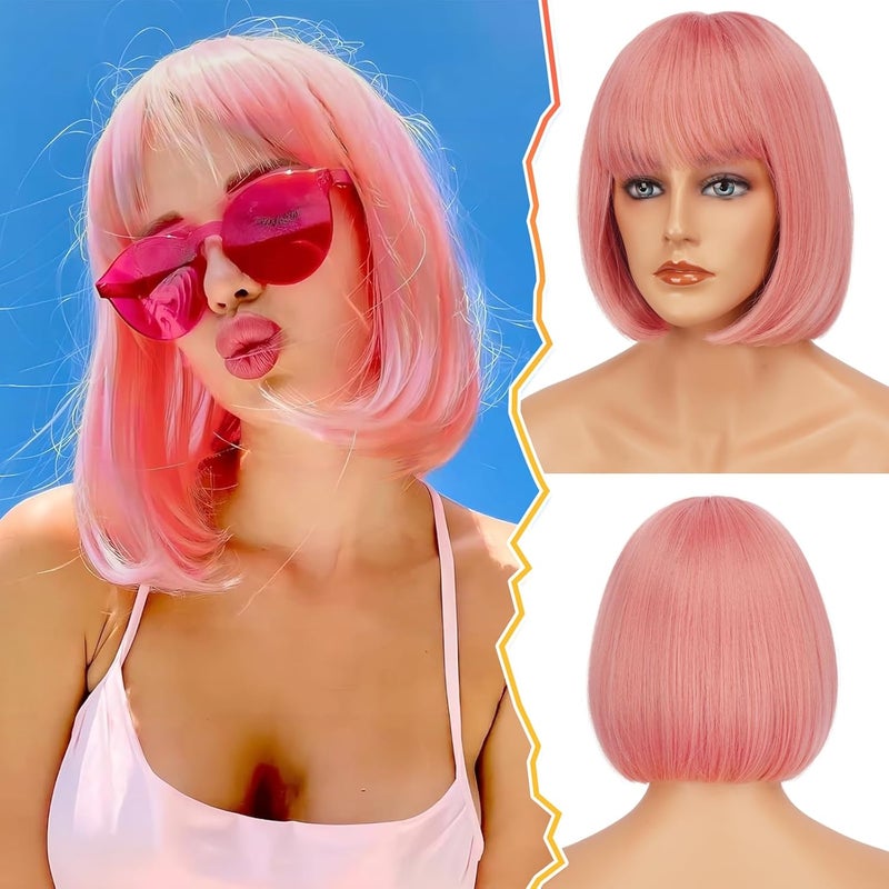 BARSDAR Short Bob Wig With Bangs  12 Inch ChinLength Pink Bob Wig With Bangs for Women  Natural Looking Soft Synthetic Hair Replacement Wigs Halloween Costume Party Bob Wig  Pink