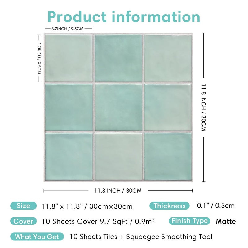 Commomy 10 Pcs Matte 3D Peel and Stick Tile 11.8"x11.8" Ultralight PVC Square Peel and Stick Backsplash for Kitchen Stick on Tiles for Bathroom,Living Room,Fireplace,Interior Wall Decor,Teal Green - Image 4