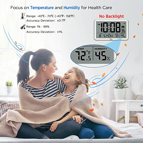 WallarGe Auto Set Digital Wall Clock Battery Operated, Desk Clocks with Temperature, Humidity and Date, Large Display Digital Calendar Alarm Clock for Elderly, Bedroom, Office, 8 Time Zone, Auto DST. - Image 2