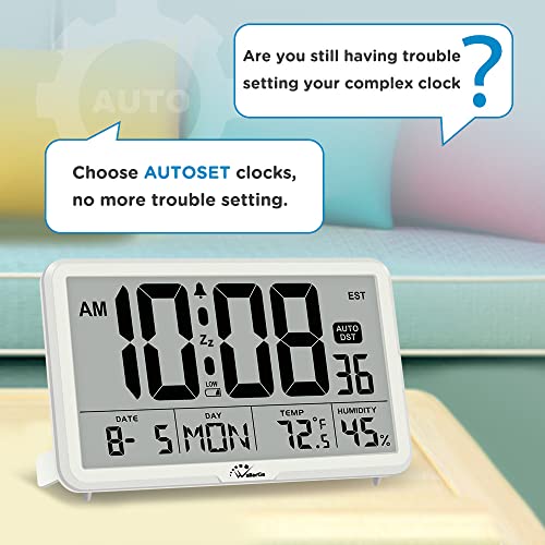 WallarGe Auto Set Digital Wall Clock Battery Operated, Desk Clocks with Temperature, Humidity and Date, Large Display Digital Calendar Alarm Clock for Elderly, Bedroom, Office, 8 Time Zone, Auto DST. - Image 3