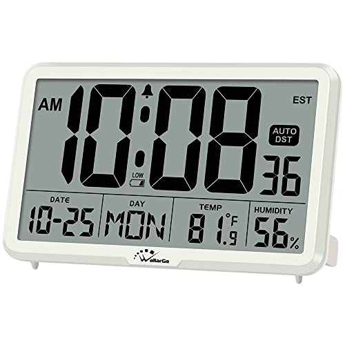 WallarGe Auto Set Digital Wall Clock Battery Operated, Desk Clocks with Temperature, Humidity and Date, Large Display Digital Calendar Alarm Clock for Elderly, Bedroom, Office, 8 Time Zone, Auto DST. - Image 1
