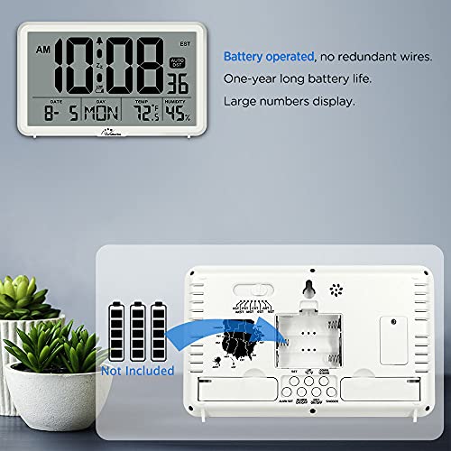 WallarGe Auto Set Digital Wall Clock Battery Operated, Desk Clocks with Temperature, Humidity and Date, Large Display Digital Calendar Alarm Clock for Elderly, Bedroom, Office, 8 Time Zone, Auto DST. - Image 4