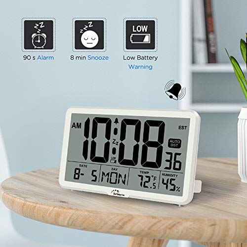 WallarGe Auto Set Digital Wall Clock Battery Operated, Desk Clocks with Temperature, Humidity and Date, Large Display Digital Calendar Alarm Clock for Elderly, Bedroom, Office, 8 Time Zone, Auto DST. - Image 5