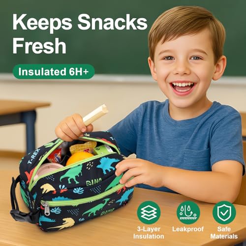Bagseri Kids Snack Bag Boys Small Reusable Mini Cooler Pouch Insulated 39L Food Carrier with Buckle Handle for School and Daycare Fits in Backpack Black Dinosaur - Image 3