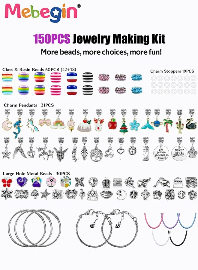 150PCS Jewelry Making Kit with 31 PCS Charm Pendants, 60 PCS Beads and Other Accessaries, DIY Bracelets, Creative Jewelry Making Activity, Art and Craft Kit with Beautiful Packaging, Ideal Gift for Girls