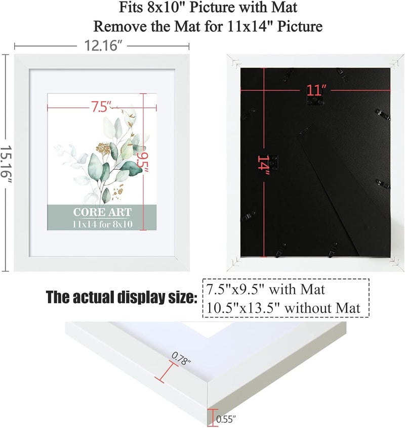 CORE ART 11x14 White Picture Frame Set of 4,Display Pictures 8x10 with Mat or 11 x 14 without Mat,Multi Photo Frames Collage for Wall or Tabletop Display - Image 2