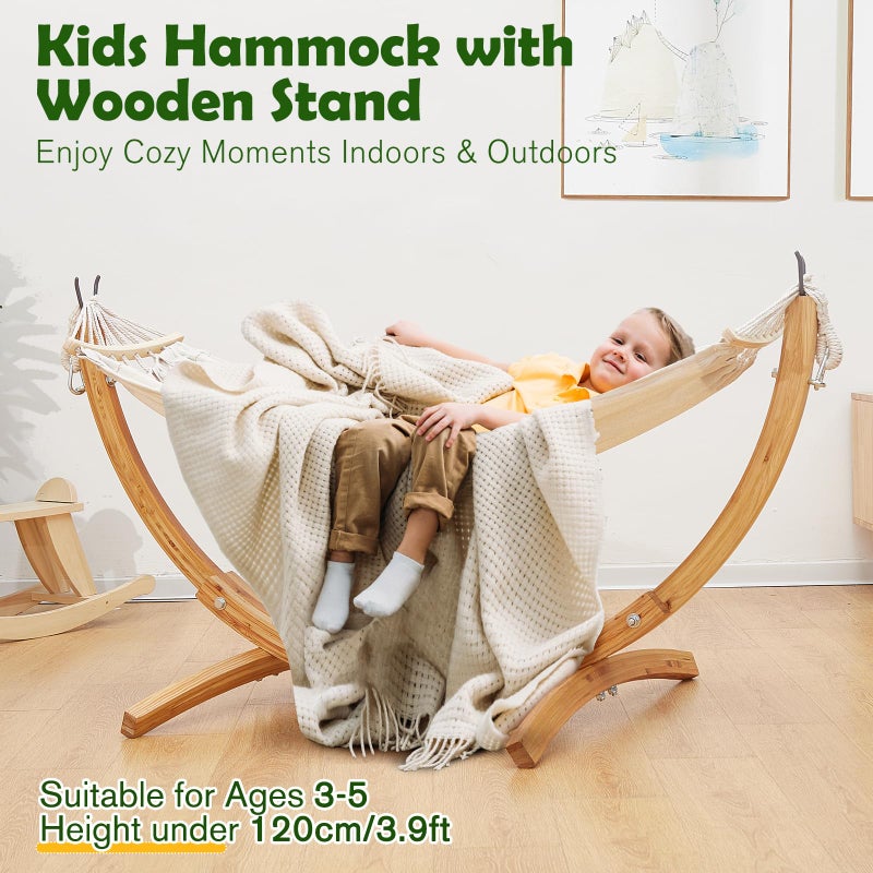 FUNLIO Wooden Hammock with Stand for Kids 3-5 Years (Height < 3.9ft/120cm), Premium Solid Wood Kids Hammock Chair Stand, Stable Structure, Wider & Longer Children Hammock, 220lbs Capacity - Image 2