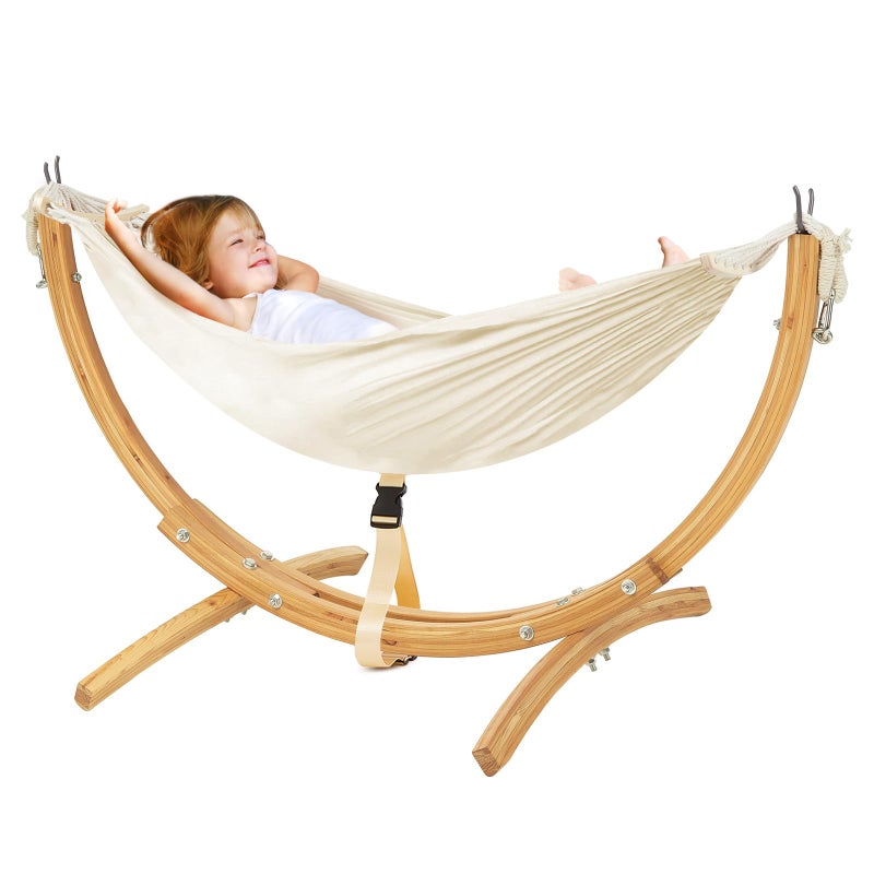 FUNLIO Wooden Hammock with Stand for Kids 3-5 Years (Height < 3.9ft/120cm), Premium Solid Wood Kids Hammock Chair Stand, Stable Structure, Wider & Longer Children Hammock, 220lbs Capacity - Image 1