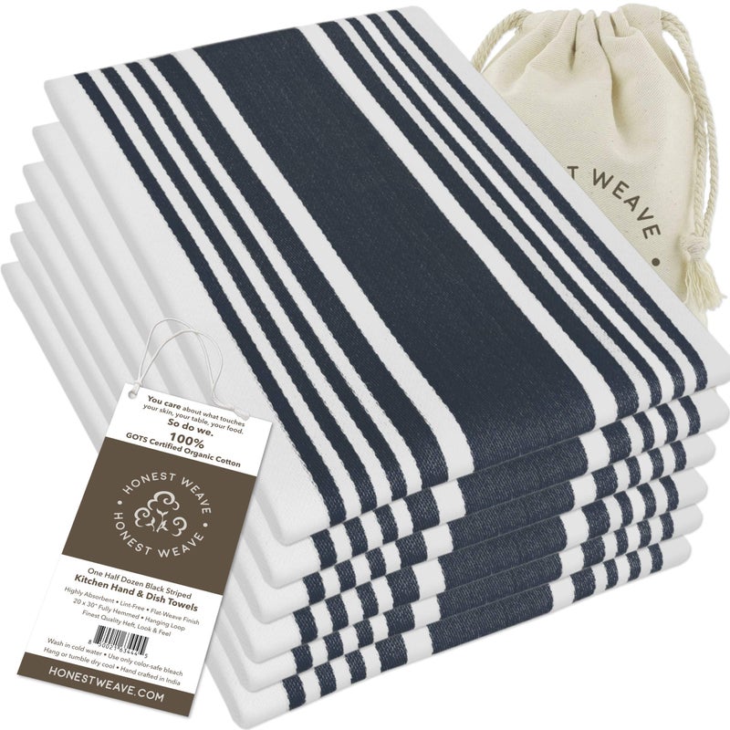 HONEST WEAVE HONEST WEAVE GOTS Certified Organic Cotton Kitchen Hand and Dish Towel Sets - Oversized 20x30 inches  Fully Hemmed  in Designer Colors  6-Pack  Black Stripe  - Image 1
