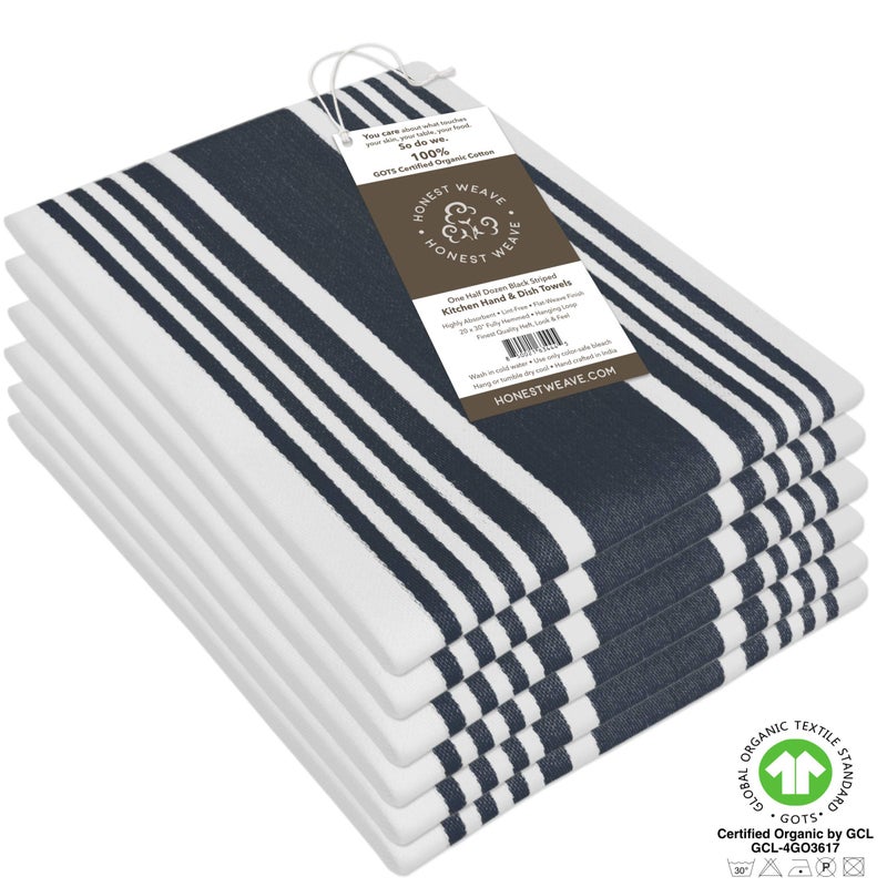 HONEST WEAVE HONEST WEAVE GOTS Certified Organic Cotton Kitchen Hand and Dish Towel Sets - Oversized 20x30 inches  Fully Hemmed  in Designer Colors  6-Pack  Black Stripe  - Image 3