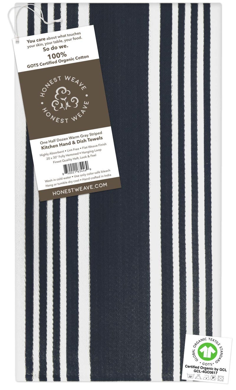HONEST WEAVE HONEST WEAVE GOTS Certified Organic Cotton Kitchen Hand and Dish Towel Sets - Oversized 20x30 inches  Fully Hemmed  in Designer Colors  6-Pack  Black Stripe  - Image 2