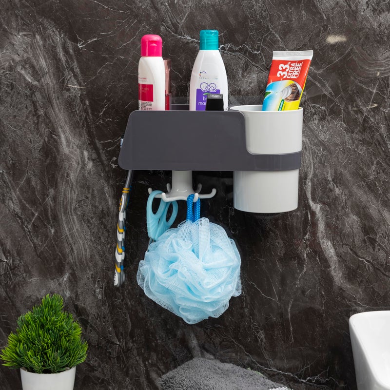 Jinila Wall Mounted Toothbrush Holder with Hook Elegant and Modern Look Multipurpose Use for Home, Kitchen and Bathroom (Pack of 1, Gray and Cream) - Image 1