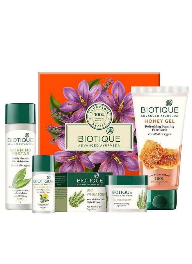 Biotique - Bio Youthful Skin Care Gift Kit Set Of 4 Refreshing Honey Gel Face Wash Radiant Face Serum All Skin Type Moisturizer Lotion Nourishing Night Cream Orange (Retmlcom00201) - Image 1
