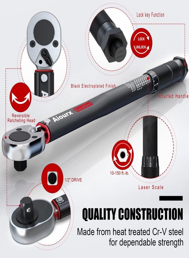 Aiourx 1/2 Inch Drive Click Torque Wrench Set 8-168 ft.-lb. / 10.8-227.8 Nm 3 Pieces Black - Image 2