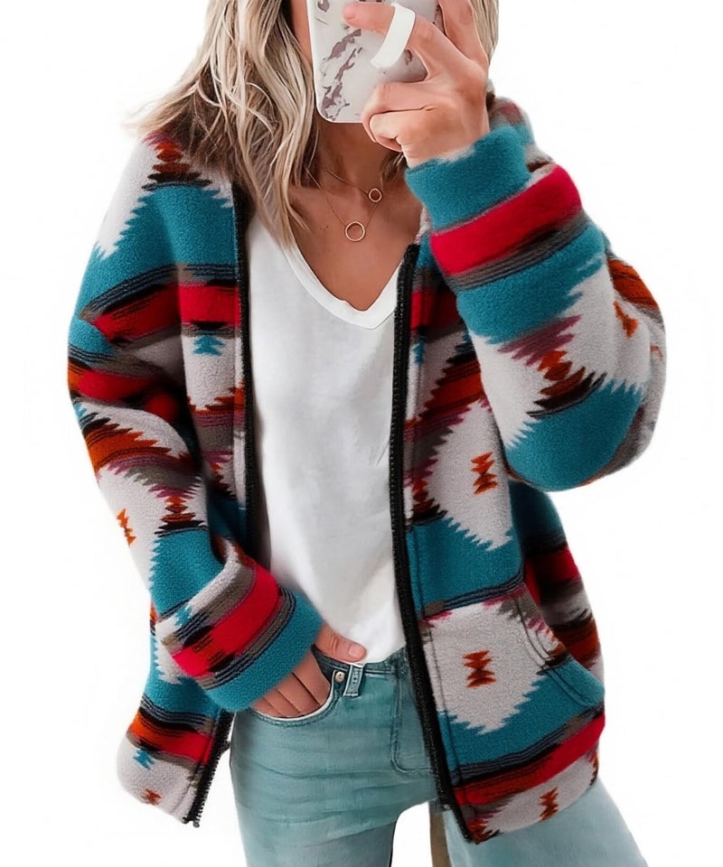 LUKYCILD Womens Western Aztec Print Zip up Hoodies Sweatshirt Sherpa Fleece Jacket Coat with Pockets Casual Warm Outwear - Image 1