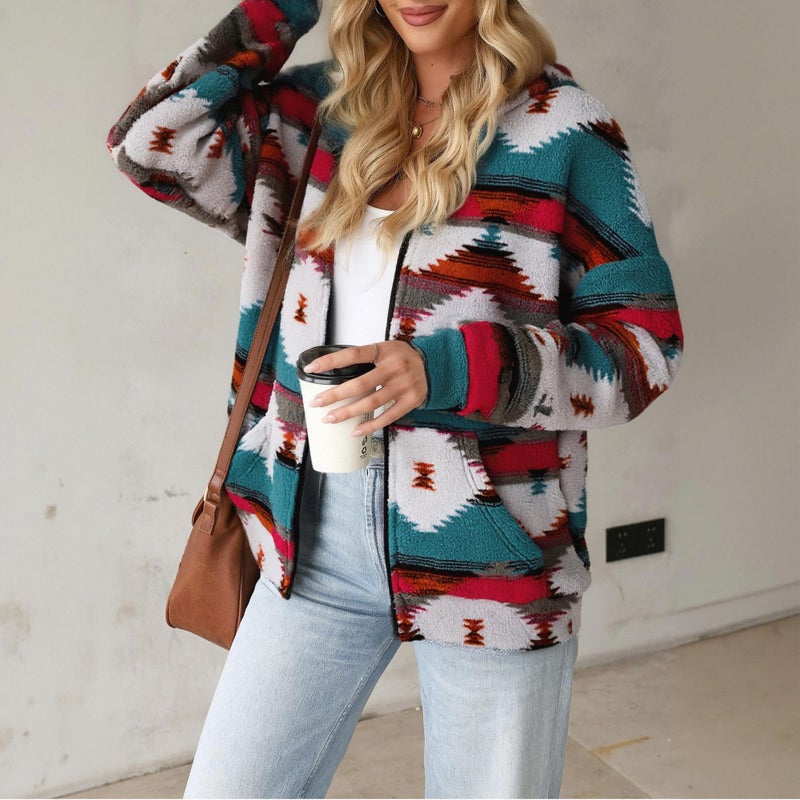 LUKYCILD Womens Western Aztec Print Zip up Hoodies Sweatshirt Sherpa Fleece Jacket Coat with Pockets Casual Warm Outwear - Image 2