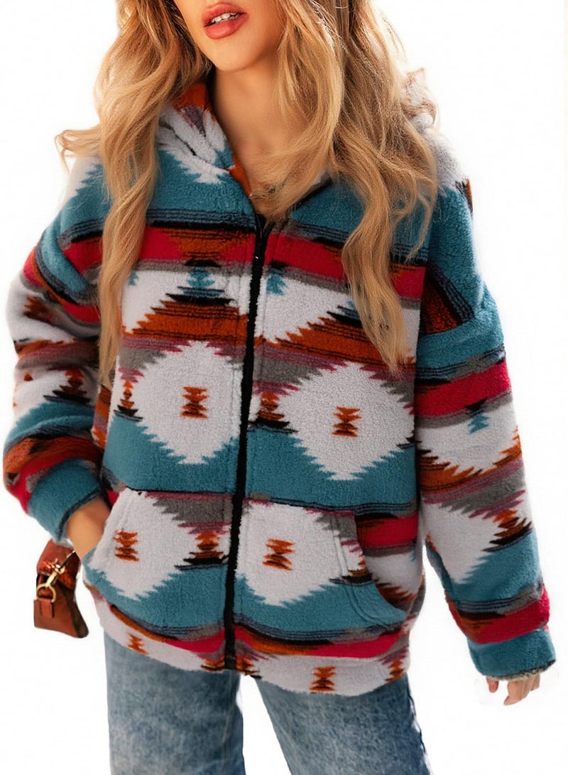 LUKYCILD Womens Western Aztec Print Zip up Hoodies Sweatshirt Sherpa Fleece Jacket Coat with Pockets Casual Warm Outwear - Image 5